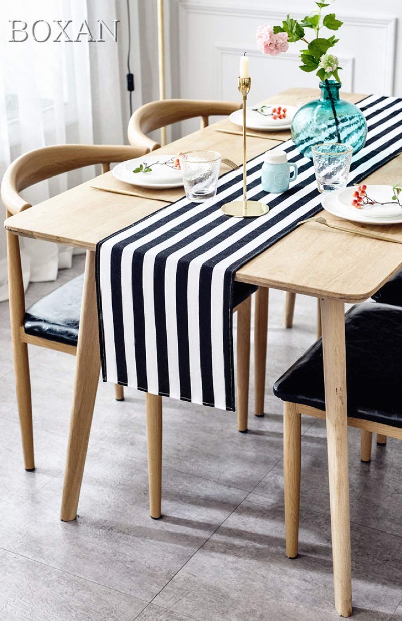 BOXAN Classic Black and White Striped Table Runner, Modern Stripes Pattern Elegant Cotton Canvas Table Top Decor for Art Deco Wedding, Bridal Shower, Bachelorette Party Decorations, 12" x 108" - Image 5